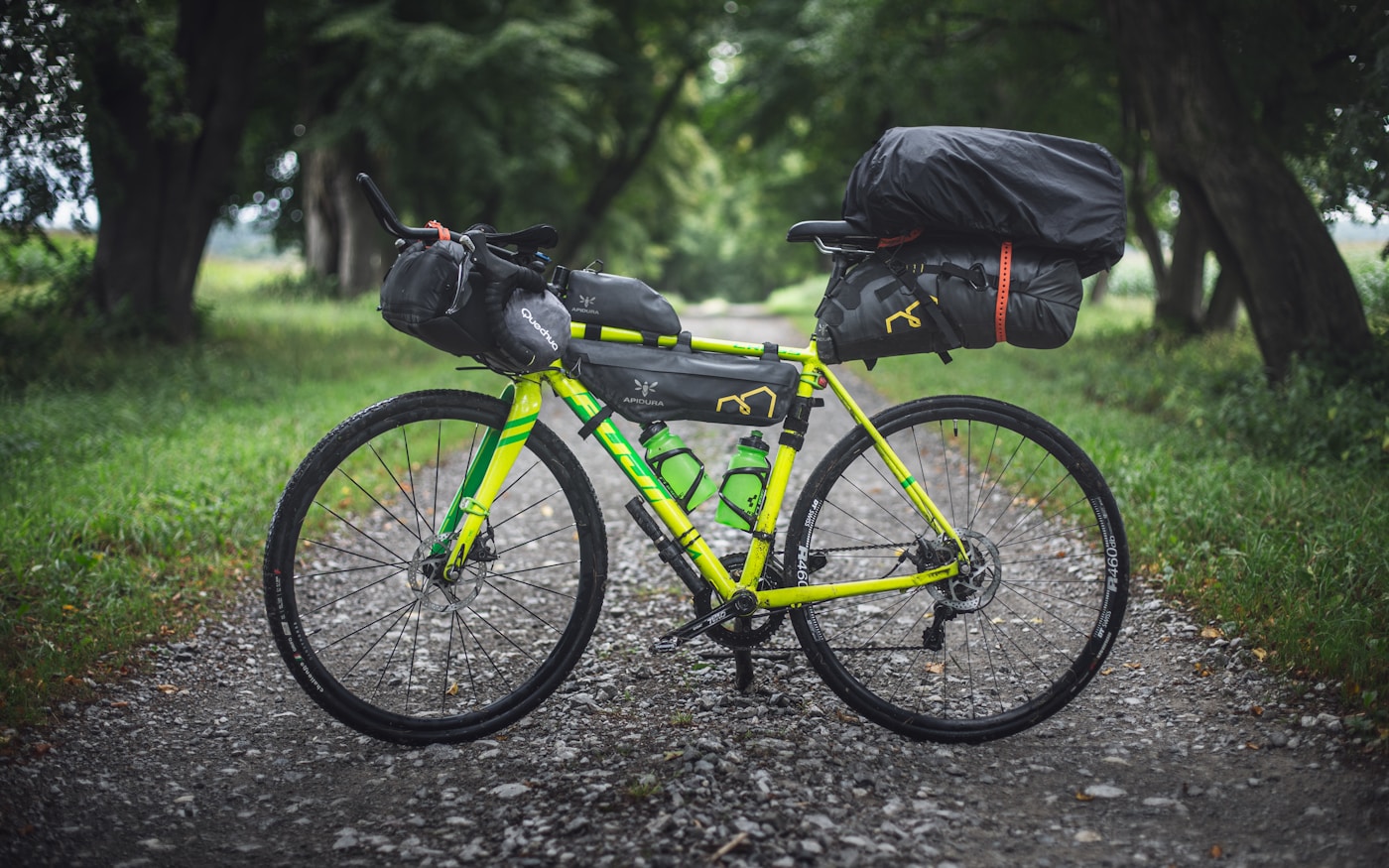 Bikepacking equipment on a loaded bicycle